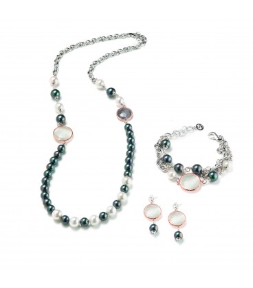 Náhrdelník THERESE perla Malorka so sivým a perleťovým kryštálom 80cm