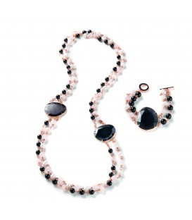 Náhrdelník ALEXANDRA riečna perla, ružový kremeň a onyx s čiernym kryštálom 94cm