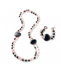 Náhrdelník ALEXANDRA riečna perla, ružový kremeň a onyx s čiernym kryštálom 94cm