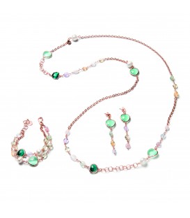 Ružový náhrdelník NANCY s riečnou perlou, zeleným kryštálom a viacfarebným kremeňom 108cm