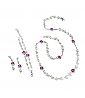 Ródiový náramok CELESTINE s perlou Malorka a fuchsiovým kryštálom