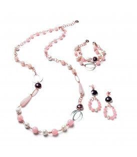 Náhrdelník LOIS ružový s riečnou perlou, granátovým mačacím okom a ružovým nefritom 