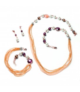 Náramok ALIZEE s oranžovým kryštálom, ametystom, perlami Malorka a fialovým mačacím okom