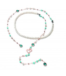 Ružový náhrdelník ELEA s riečnymi perlami, tyrkysovými korálikmi a modrým kryštálom 120cm