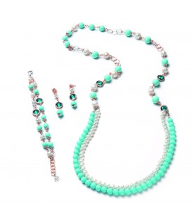 Náramok DORIS ružový s riečnou perlou, tyrkysovými korálikmi a modrými kryštálmi