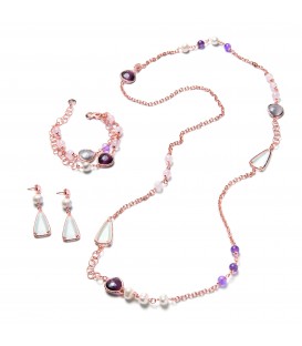Náramok ESTELLE ružový s riečnou perlou, ružovým kremeňom, ametystom a kryštálmi