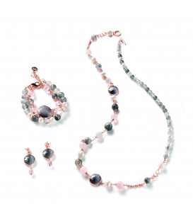 Náhrdelník AGNES šedý krémový a ružový kremeň a riečna perla s šedým kryštálom 90cm
