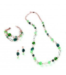 Náramok CAROLINE zelené kamene a kryštály s riečnou perlou